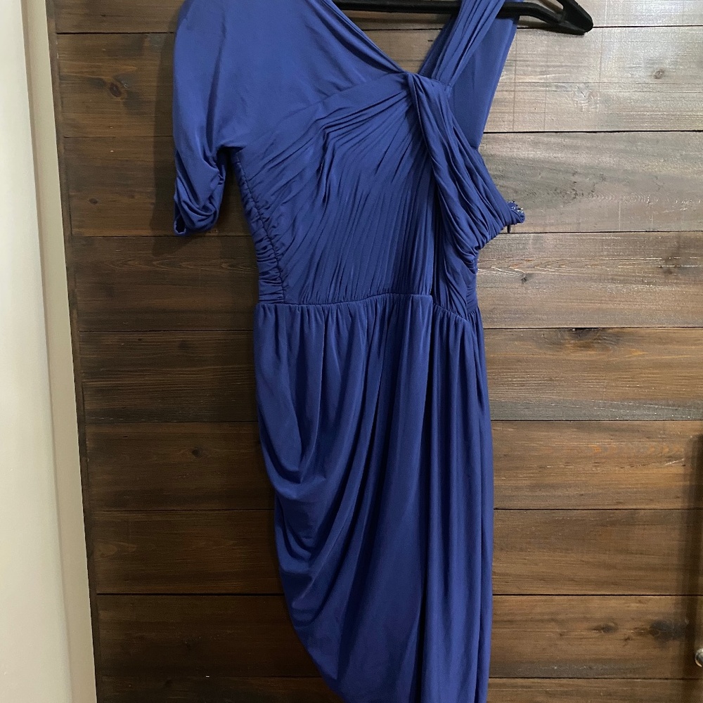 BCBG Max Azria Navy Blue Asymmetrical Ruched Cocktail Dress Sz Large